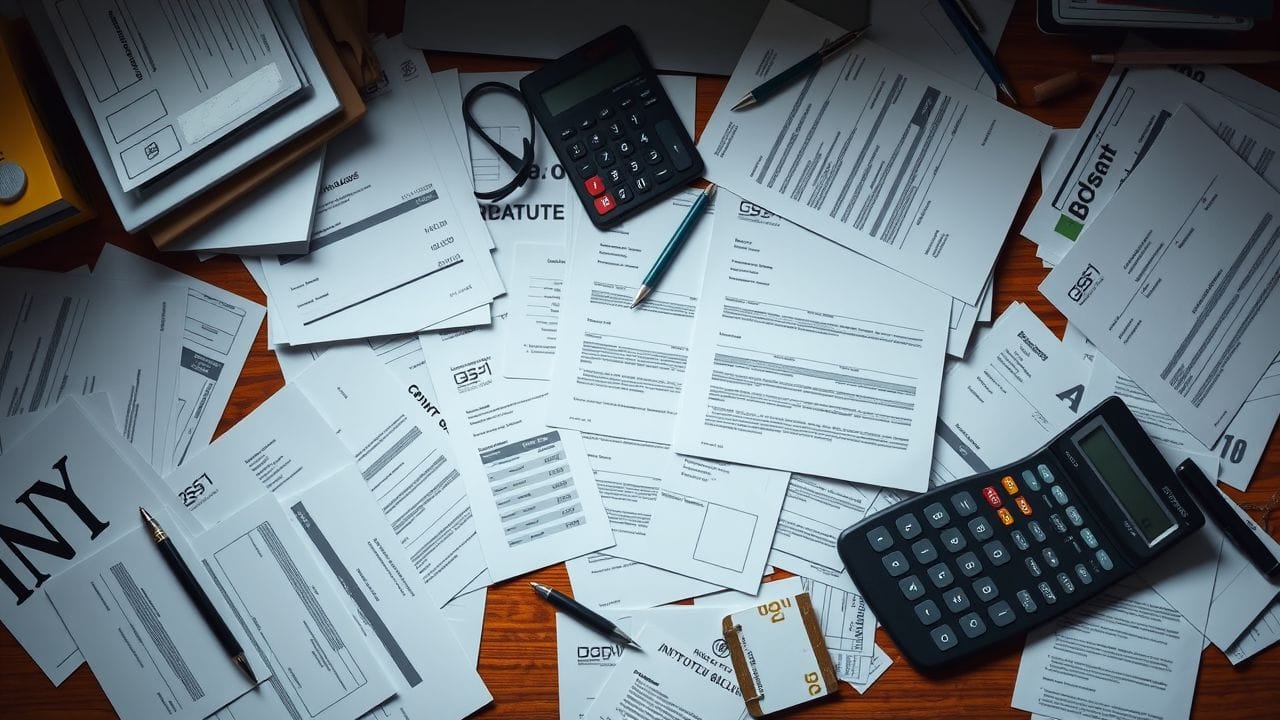 Een rommelig bureau vol financiële documenten en rekenmachine.