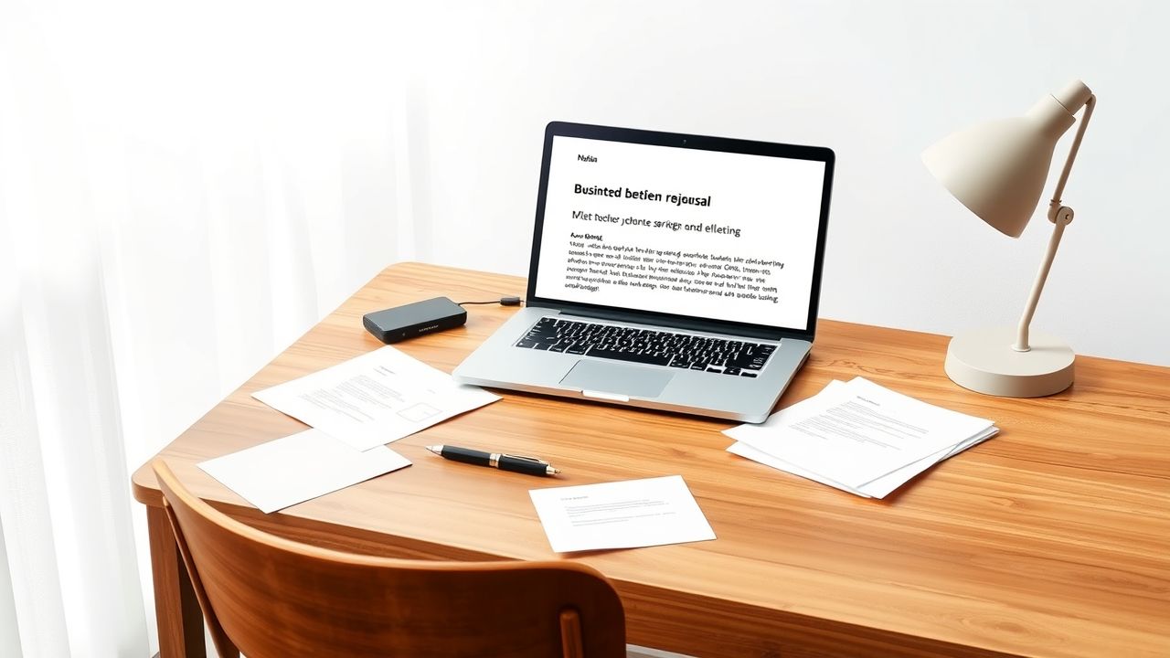 Een houten bureau met afwijzingsbrief in het Nederlands op laptop.