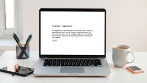 Een laptop met een open e-mailinbox en een overeenkomst in het Nederlands.