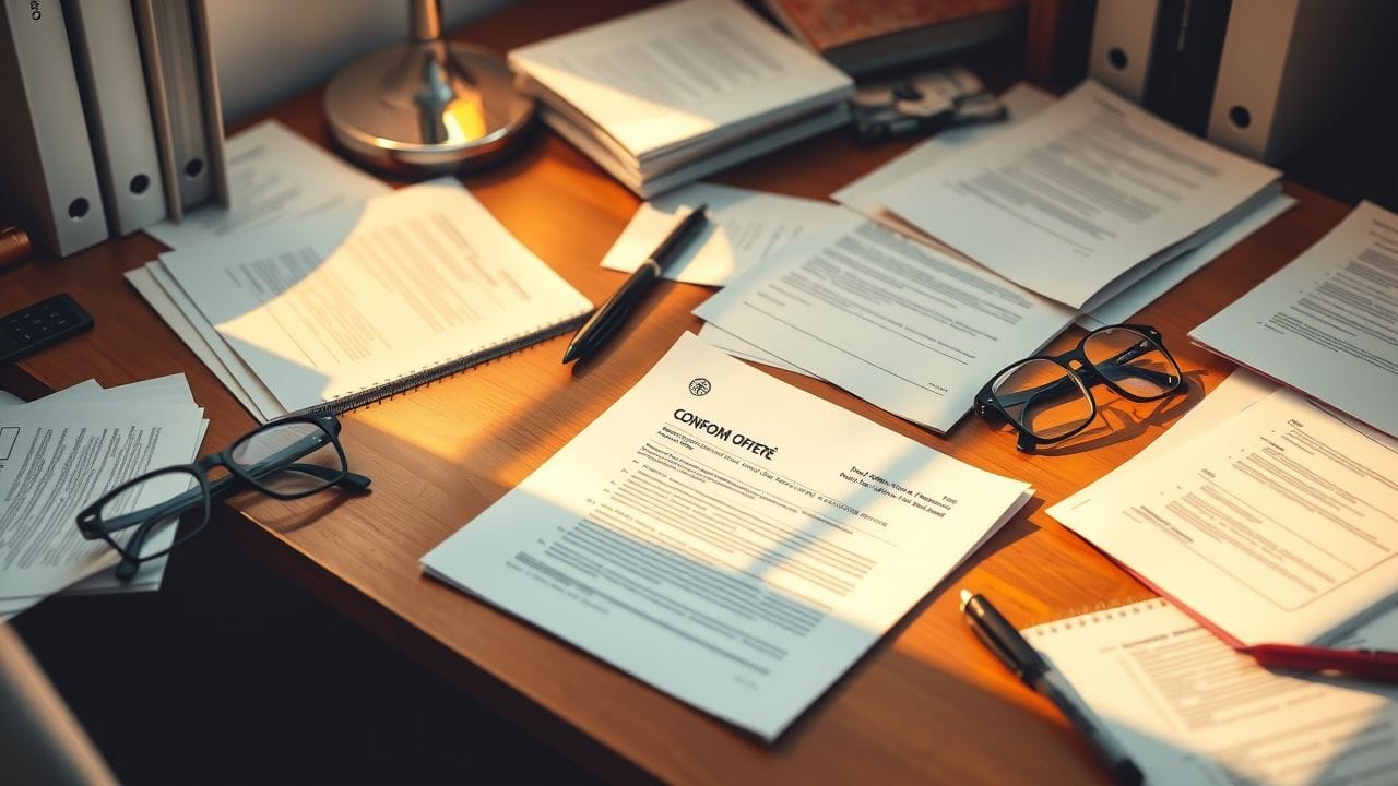 Een rommelig kantoorbureau met papieren en benodigdheden.