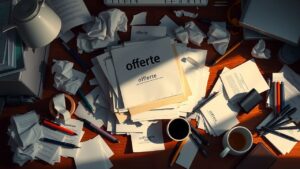 Een rommelig bureau met stapels papieren en verschillende items.