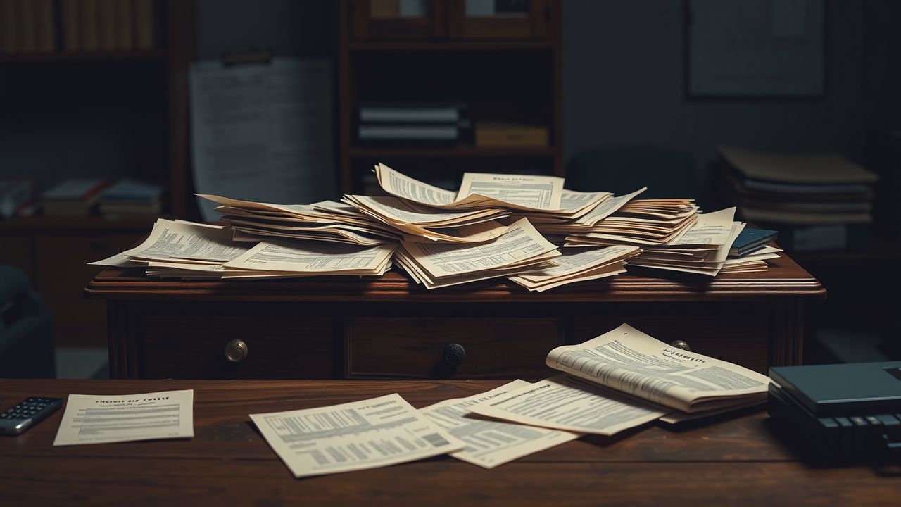 Een stapel oude financiële documenten op een versleten houten bureau.