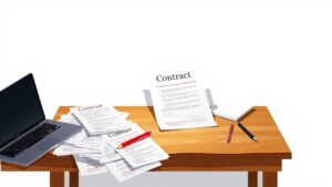 Een rommelig kantoorbureau met contract en laptop straalt chaos uit.