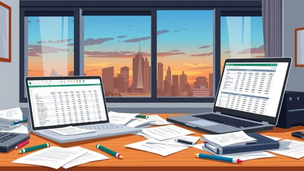 Een rommelig kantoor bureau met een open laptop en verspreide papieren.