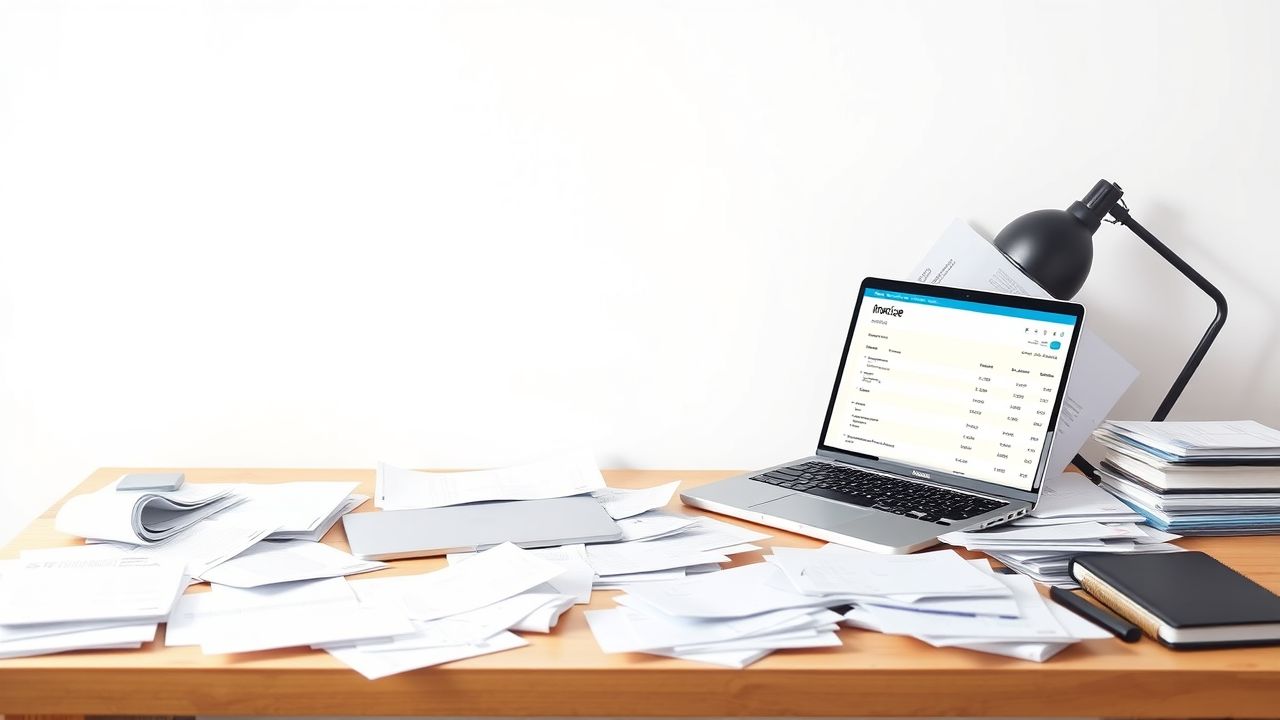 Een rommelig kantoor met een open laptop en verspreide papieren. Een rommelig kantoor met een open laptop en verspreide papieren.