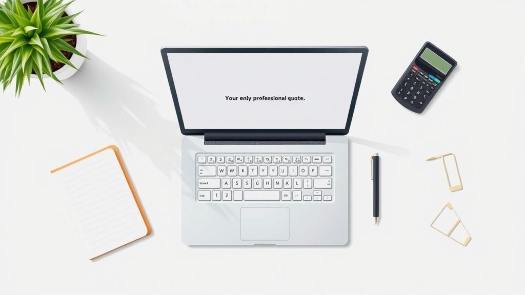 Een opgeruimde werkplek met laptop, pen, notitieboekje en rekenmachine.