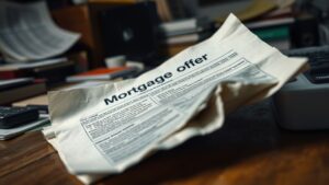 Een oude, verfrommelde hypotheekaanbieding op een rommelig bureau.