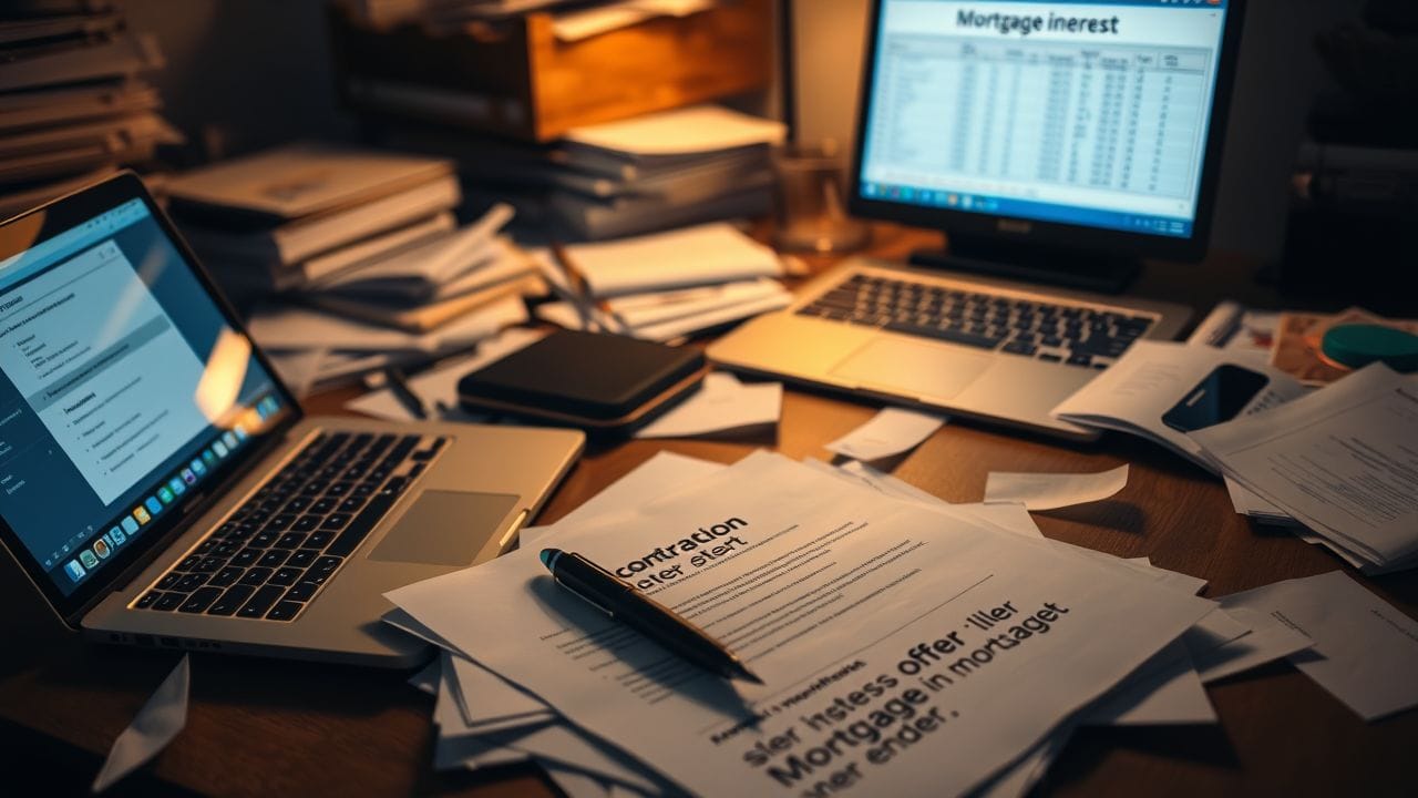 Een rommelig thuiskantoor met papieren, laptop en contractpen. Een rommelig thuiskantoor met papieren, laptop en contractpen.