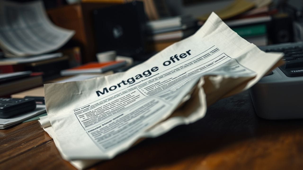 Een oude, verfrommelde hypotheekaanbieding op een rommelig bureau.
