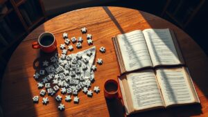 Een rommelige tafel met puzzelstukjes en een open woordenboek.