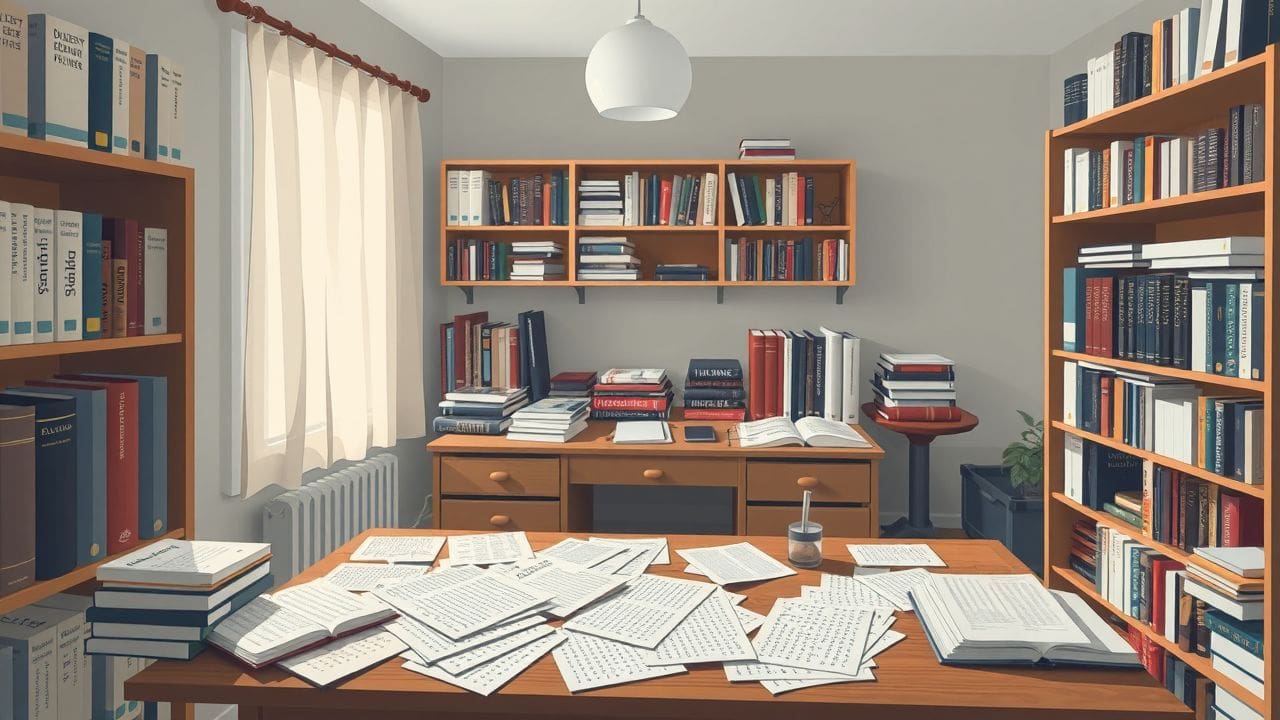 Een rommelig en gezellig kantoor met Nederlandse taalpuzzels en boeken.