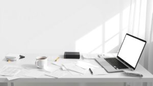 Een rommelig bureau met open laptop, verspreide papieren en koffiekopje.