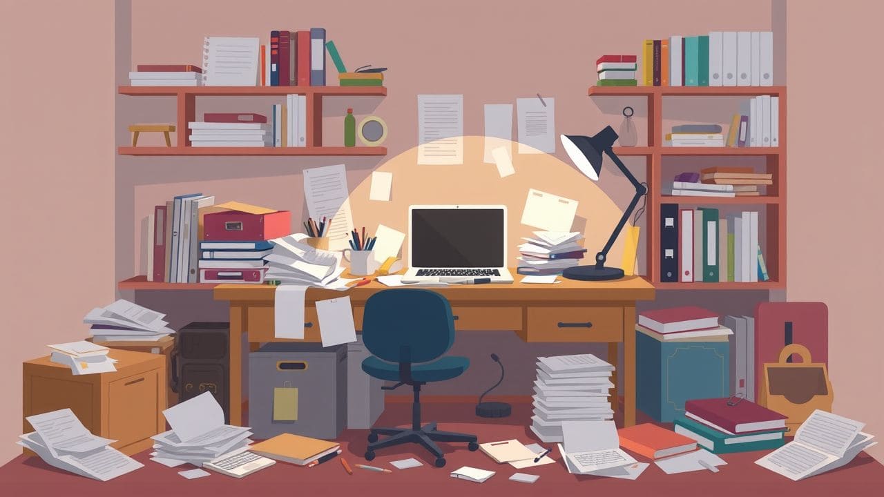 Een rommelig bureau met verspreide papieren, pennen en een laptop.