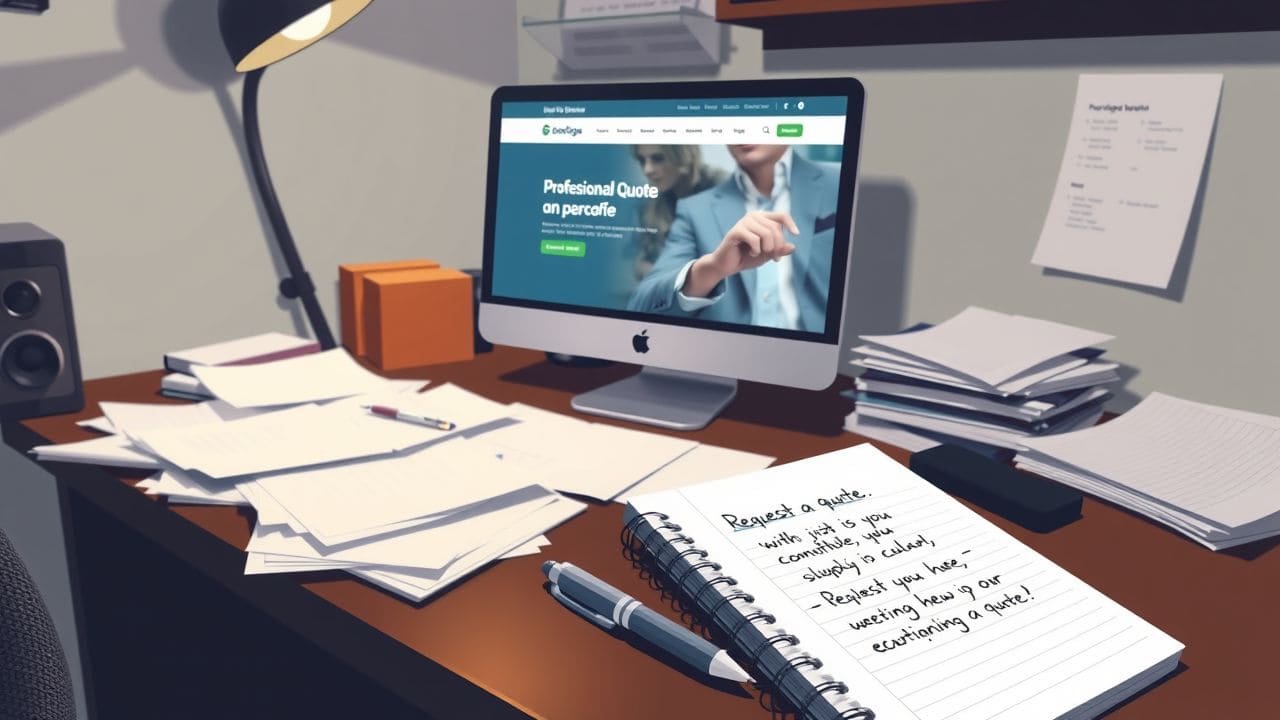 Een rommelig bureau met computer, papieren en notitieboek, gericht op offerte-aanvragen.