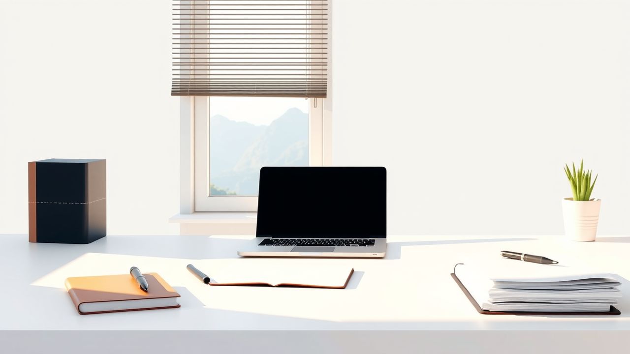 Een opgeruimd bureau met laptop, notitieboek en papieren.