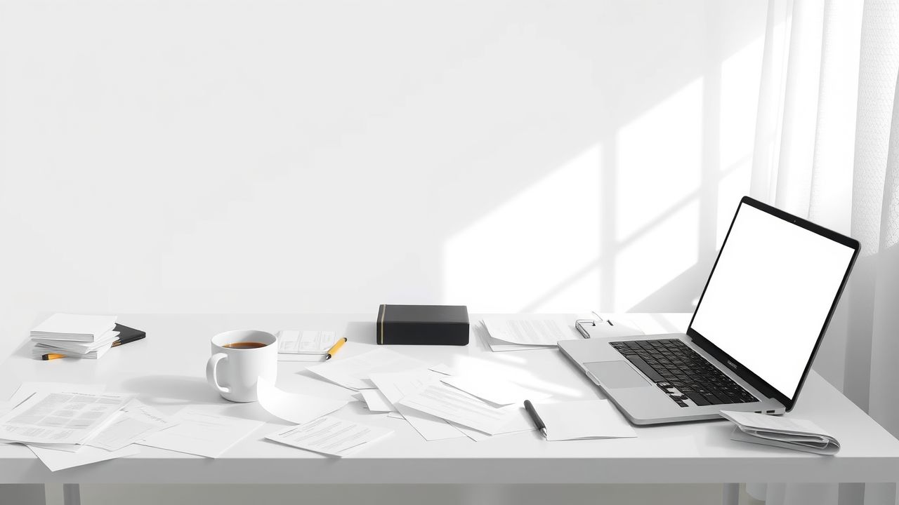 Een rommelig bureau met open laptop, verspreide papieren en koffiekopje.