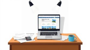 Een rommelig thuiskantoor met open laptop en papieren.