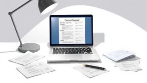 Een open laptop toont een gedetailleerd contractvoorstel op een bureau.