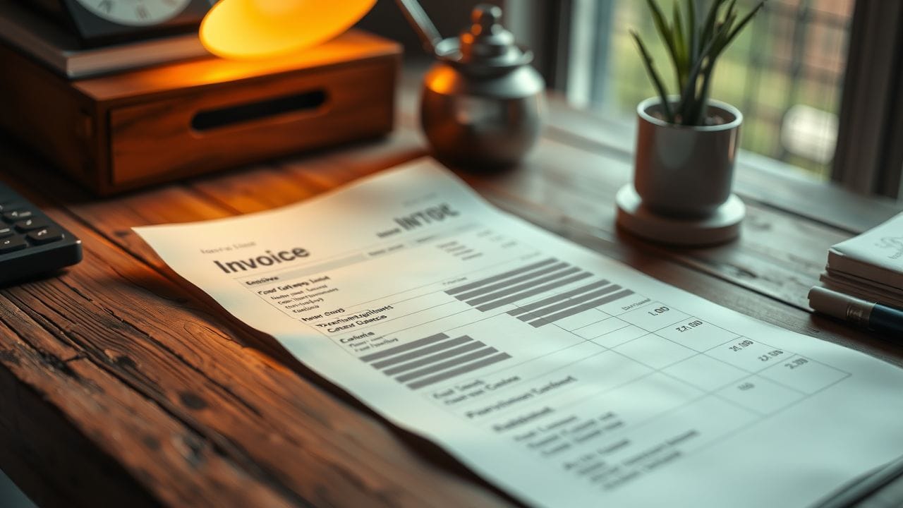Een gedetailleerde factuur ligt op een houten bureau. Een gedetailleerde factuur ligt op een houten bureau.