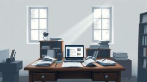 Een rommelig kantoor met een oude houten bureau en veel papierwerk.