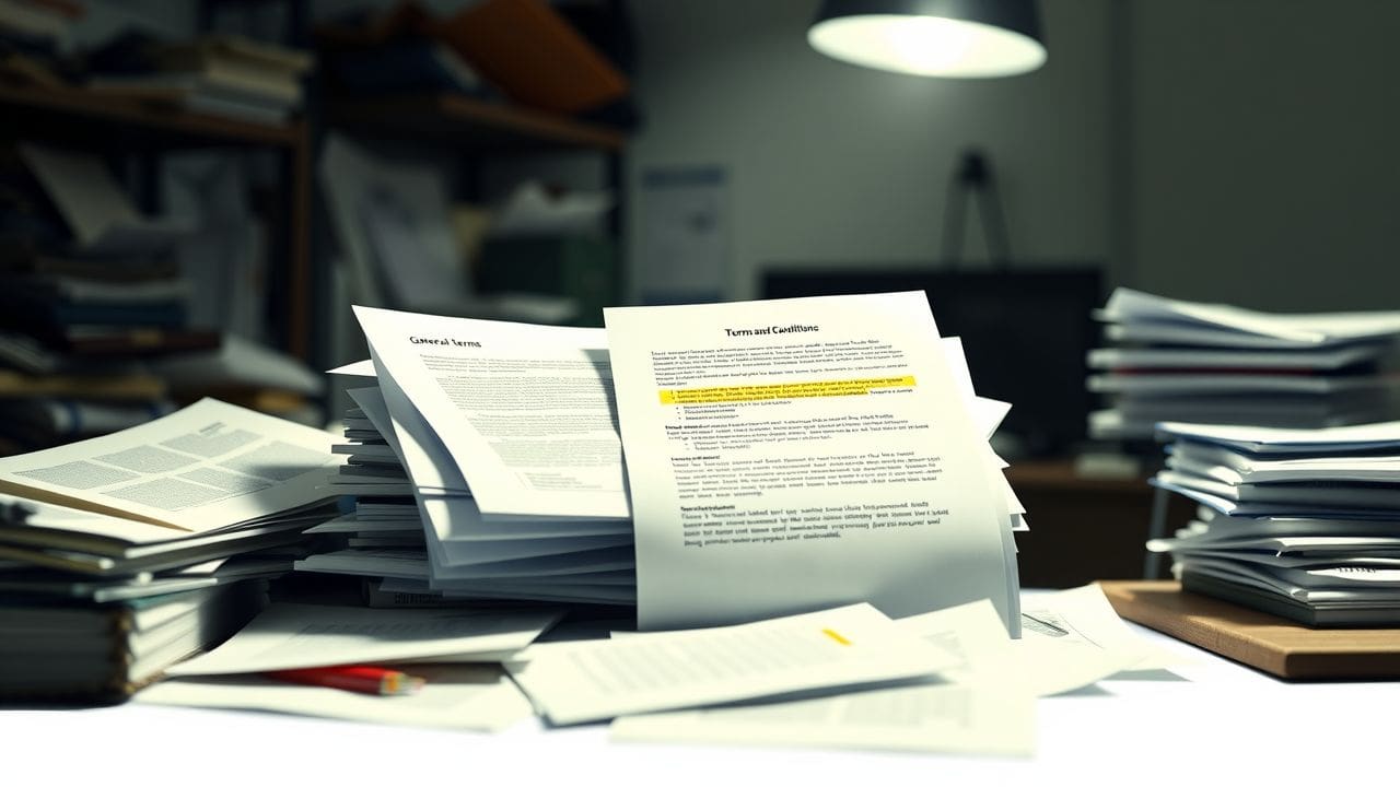 Een rommelig bureau met stapels zakelijke documenten en nadruk op algemene voorwaarden. Een rommelig bureau met stapels zakelijke documenten en nadruk op algemene voorwaarden.
