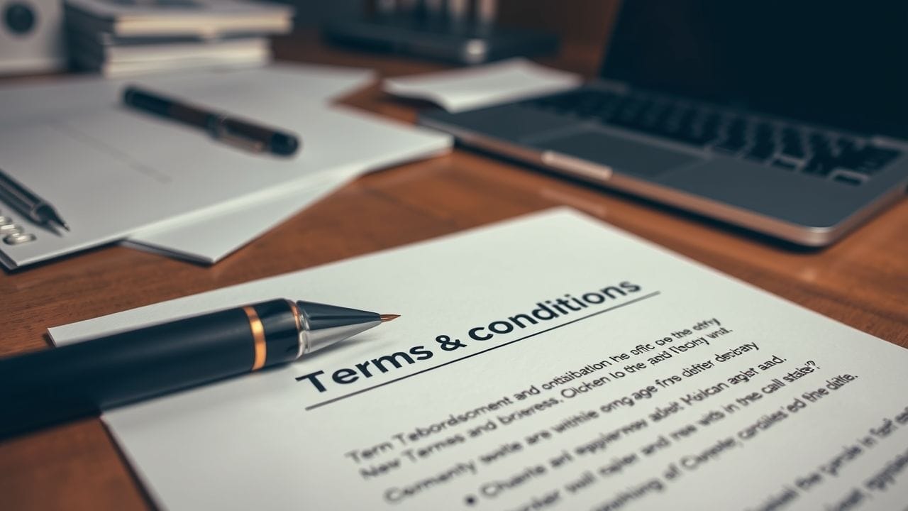 Een pen schrijft voorwaarden op papier op een kantoorbureau.