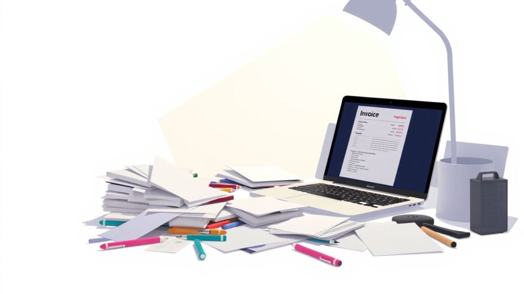 Een rommelig kantoor met een slordig bureau en een open laptop.