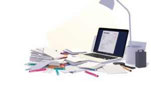 Een rommelig kantoor met een slordig bureau en een open laptop.