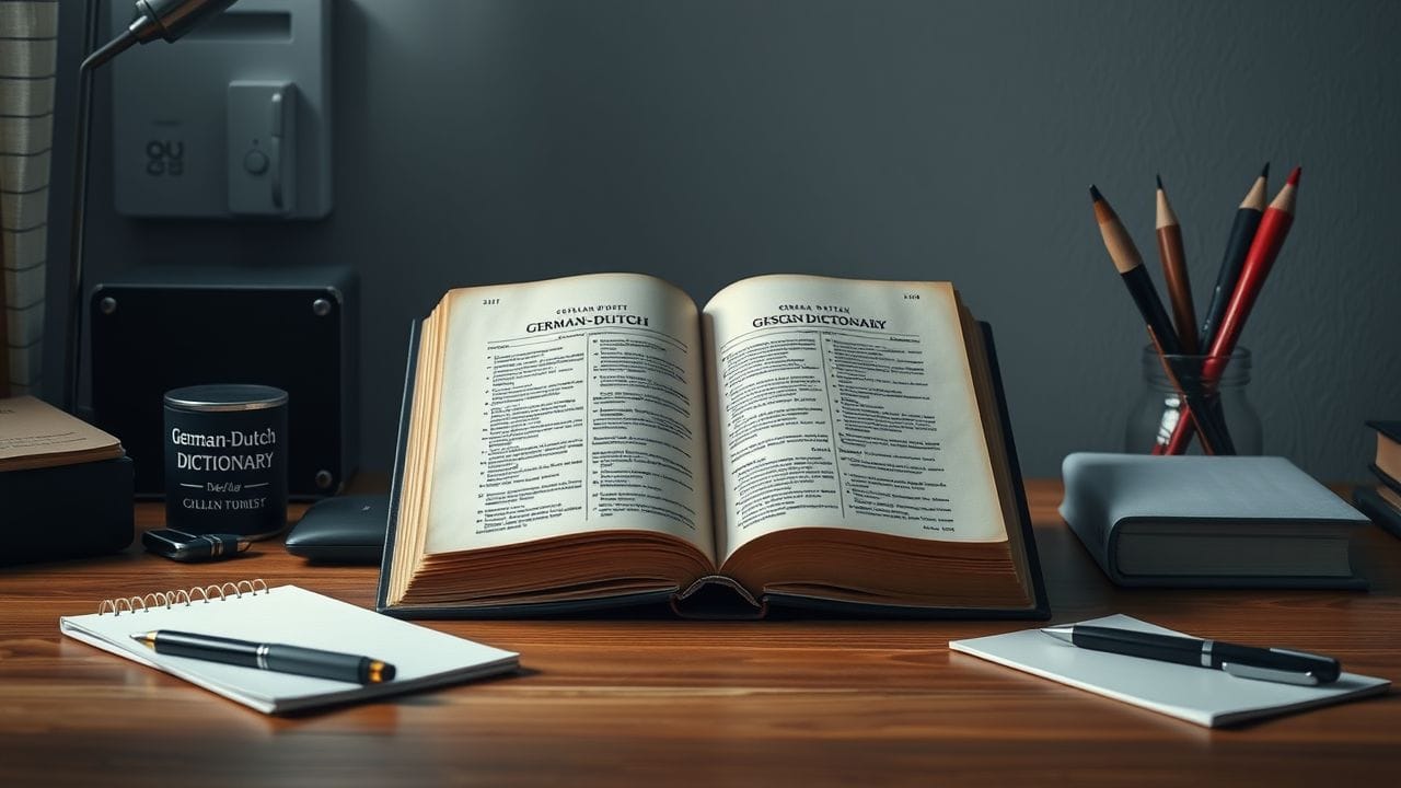 Een open Duits-Nederlands woordenboek op een houten bureau.