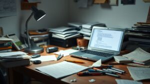 Een rommelig bureau met open laptop en papieren.