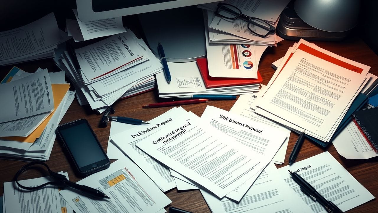 Een rommelig bureau met Nederlandse zakelijke voorstellen en vertaalhulpmiddelen.