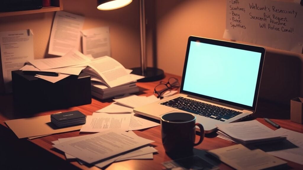 Een rommelig bureau met een open laptop en stapel visitekaartjes.