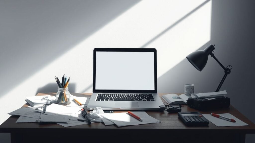 Een rommelig bureau met een open laptop en schrijfgerei.