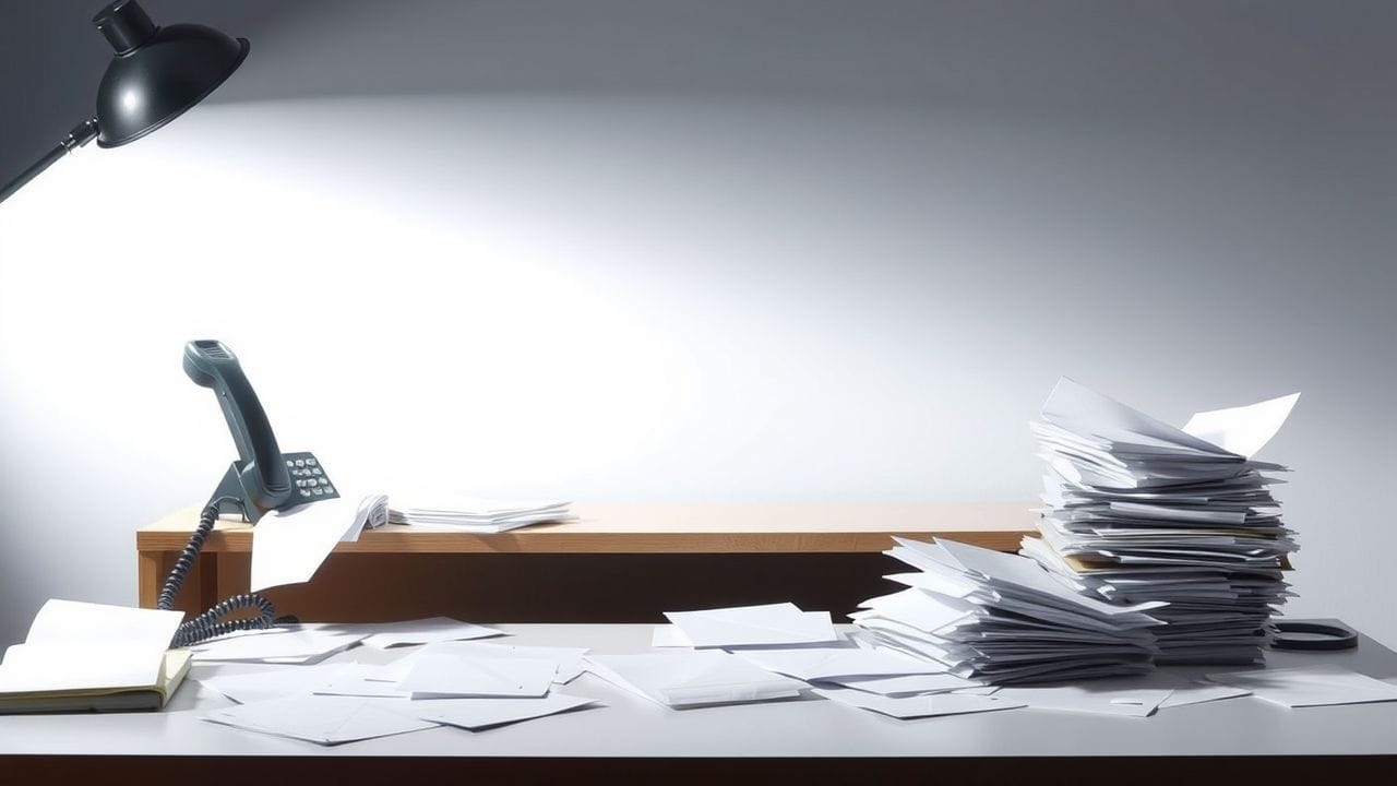 Een rommelig bureau met stapels papieren, een rinkelende telefoon en ongeopende enveloppen suggereert dringende follow-up op verkoopoffertes.