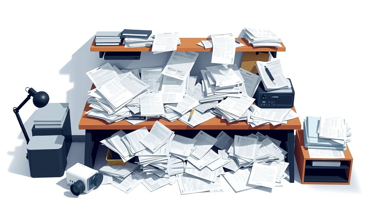 Een rommelig kantoorbureau met verspreide documenten en wanorde.