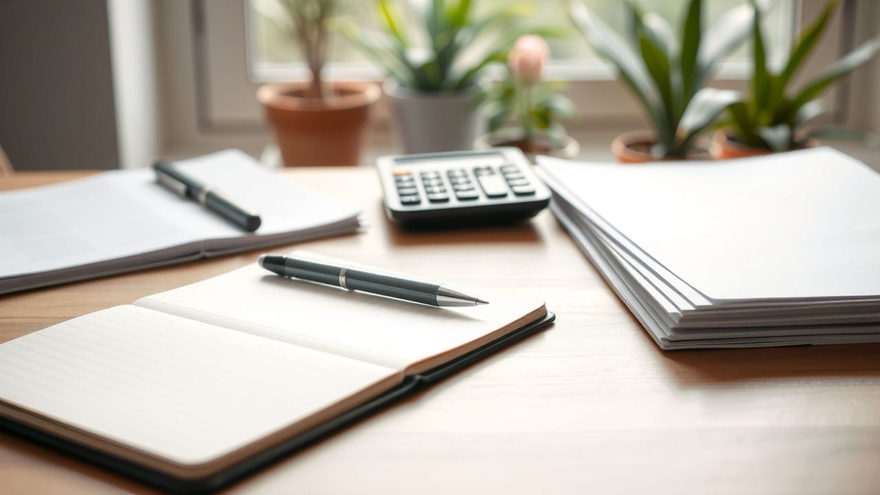 Een eenvoudig bureau met een open notebook, pen en rekenmachine.