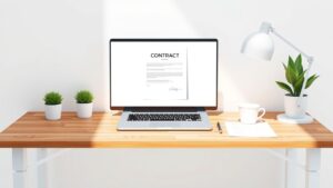 Een moderne kantoorwerkplek met georganiseerde bureauaccessoires en een laptop.