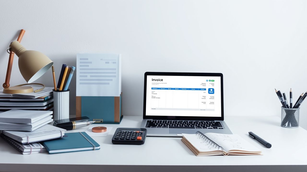 Opstelling van kantoorbenodigdheden op een bureau met factuursjabloon op laptop.