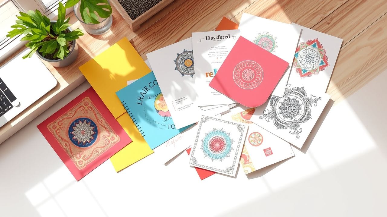 Een verscheidenheid aan kleurrijke papieren documenten verspreid over een houten bureau.