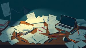 Een rommelig bureau symboliseert de uitdagingen van het schrijven van een zakelijk voorstel.