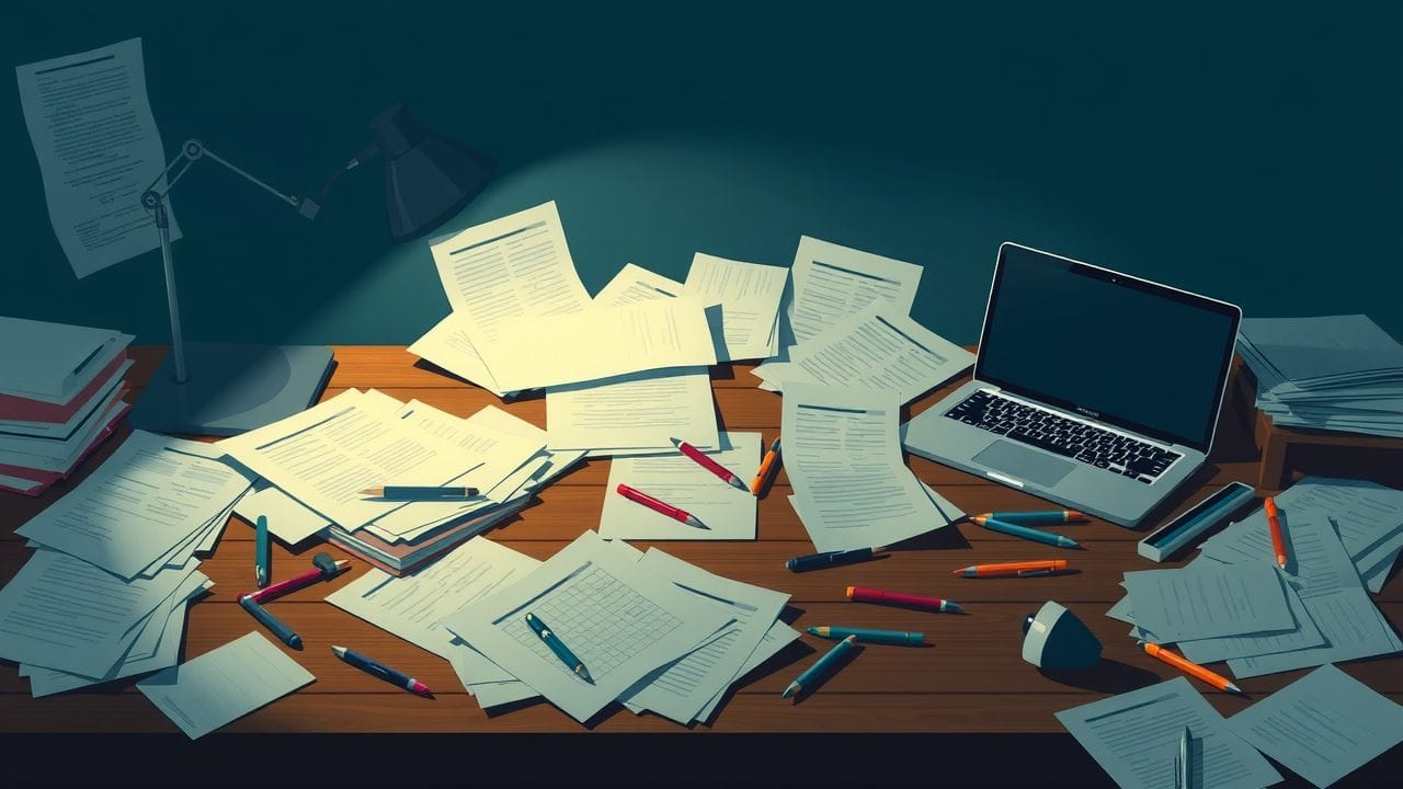 Een rommelig bureau symboliseert de uitdagingen van het schrijven van een zakelijk voorstel.