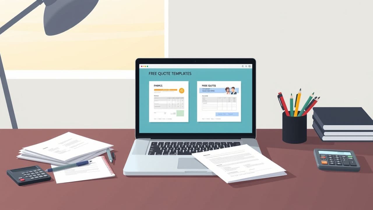 Een bureau met een open laptop, kantoorbenodigdheden en offerte sjablonen.