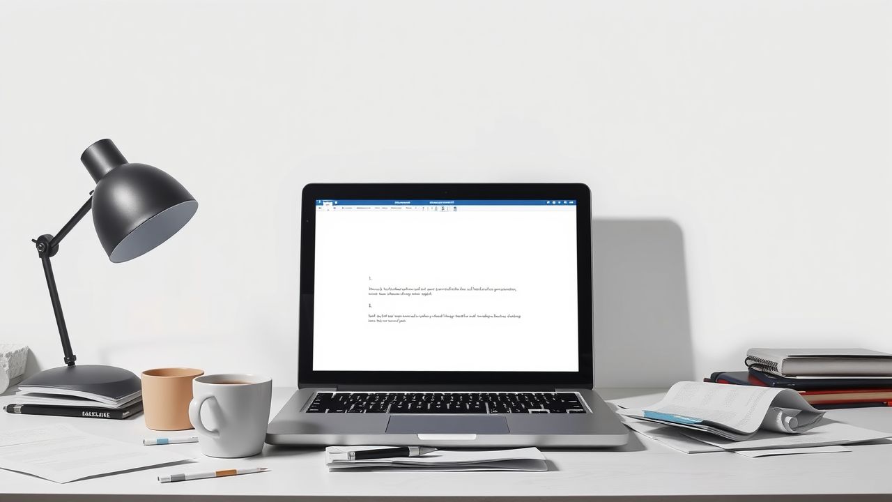 Een rommelig bureau met open laptop en koffie, suggererend onvoltooide werkzaamheden.