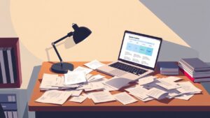 Een rommelig bureau met papierwerk, een laptop en een bureaulamp.