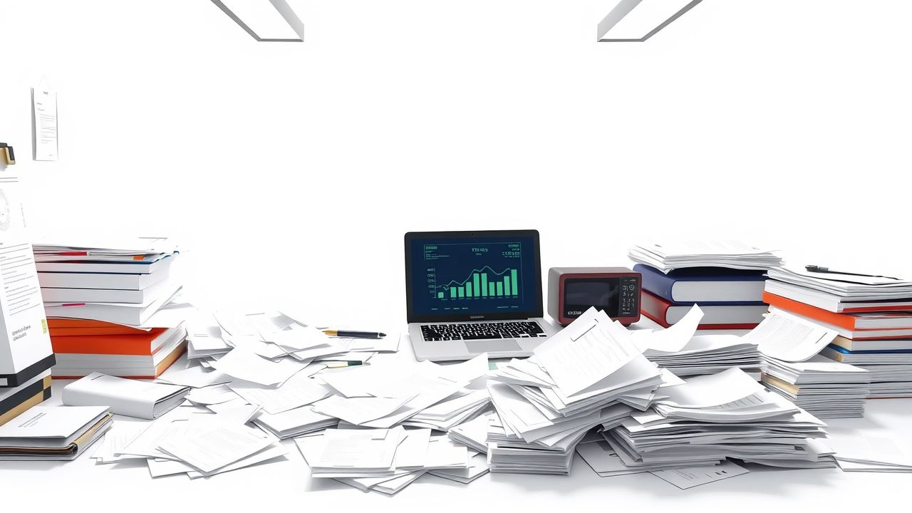 Een rommelig kantoor met een overvol bureau en een laptop. Een rommelig kantoor met een overvol bureau en een laptop.