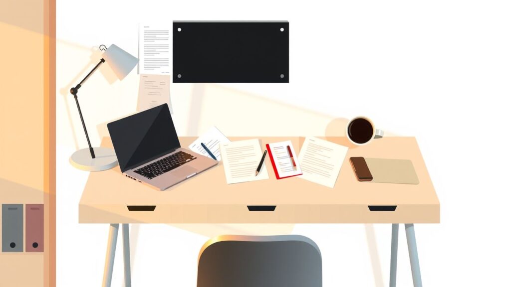 Een moderne kantoorwerkplek met laptop, notitieboek, koffie en documenten.