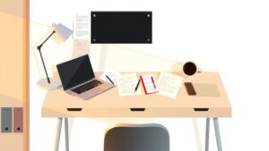 Een moderne kantoorwerkplek met laptop, notitieboek, koffie en documenten.