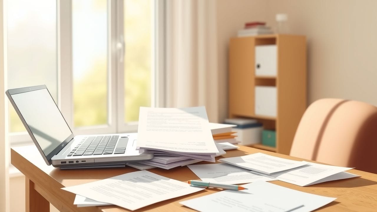 Een uitnodigende en functionele werkplek met rommelige bureau en laptop.