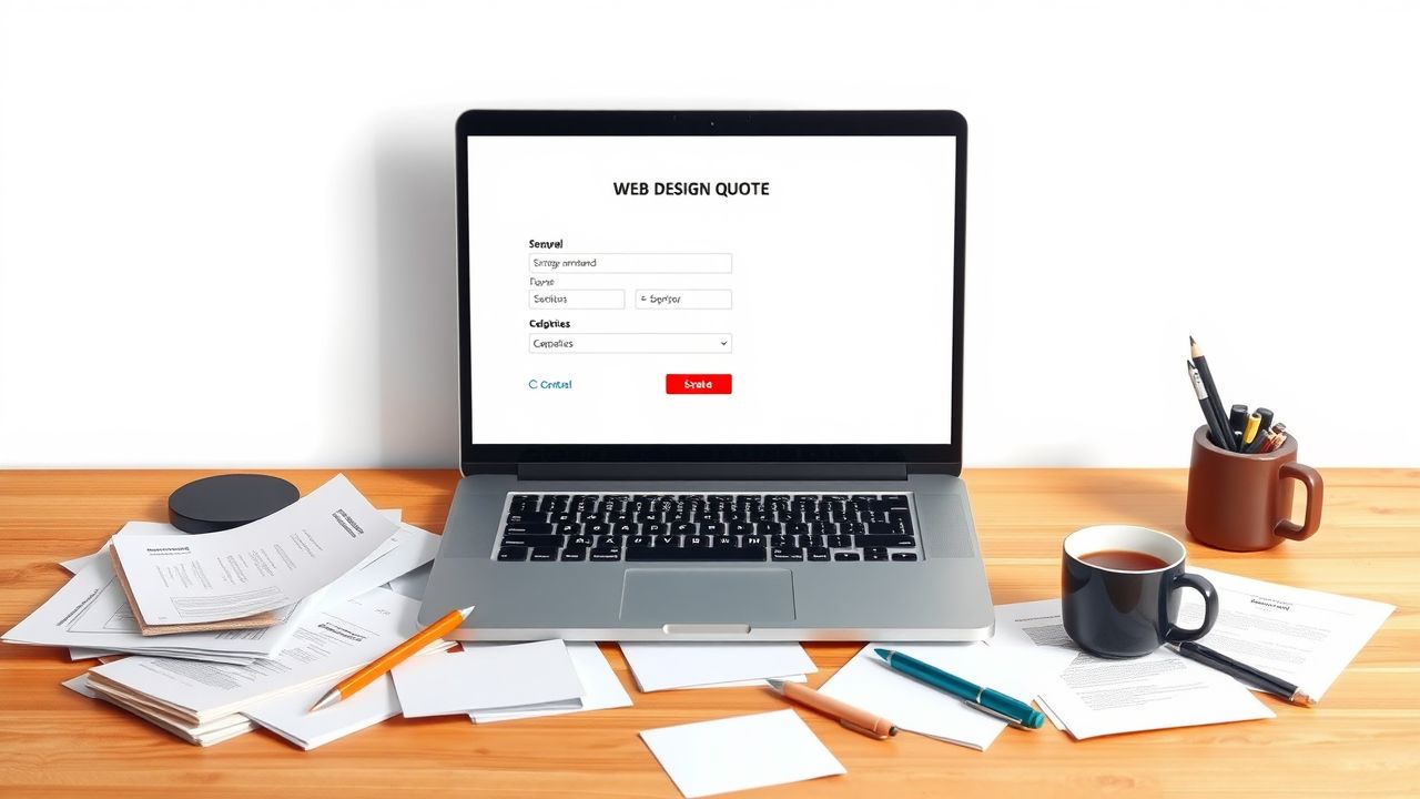 Een rommelig bureau met een open laptop, webdesign offerteformulier en koffiekopje. Een rommelig bureau met een open laptop, webdesign offerteformulier en koffiekopje.