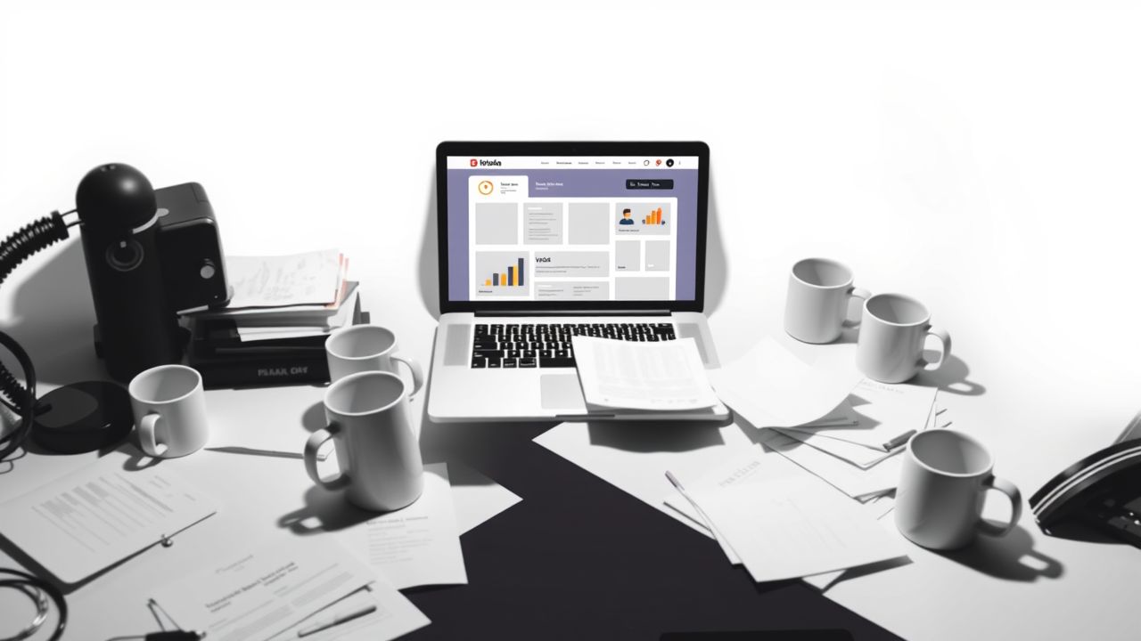 Een rommelig bureau met een open laptop en papieren.